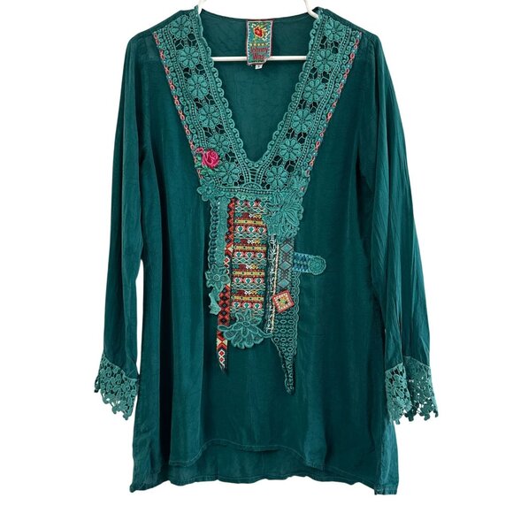 Johnny Was Teal Rayon Embroidered Floral Lace Size Small Tunic Blouse Shirt - Picture 1 of 5